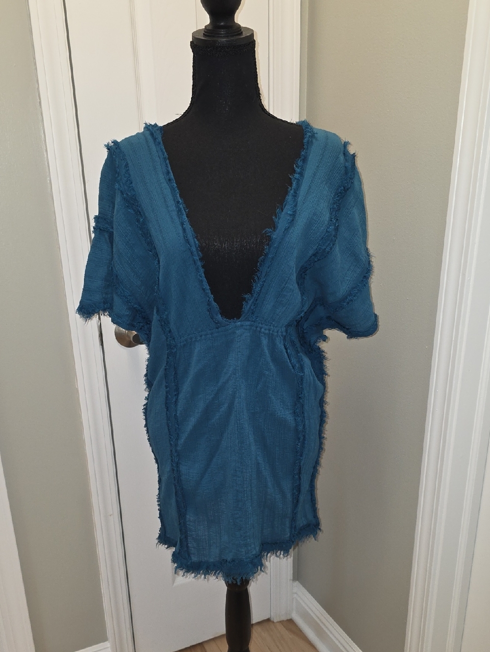 Deep Teal Oversized Frayed V-Neck Tunic